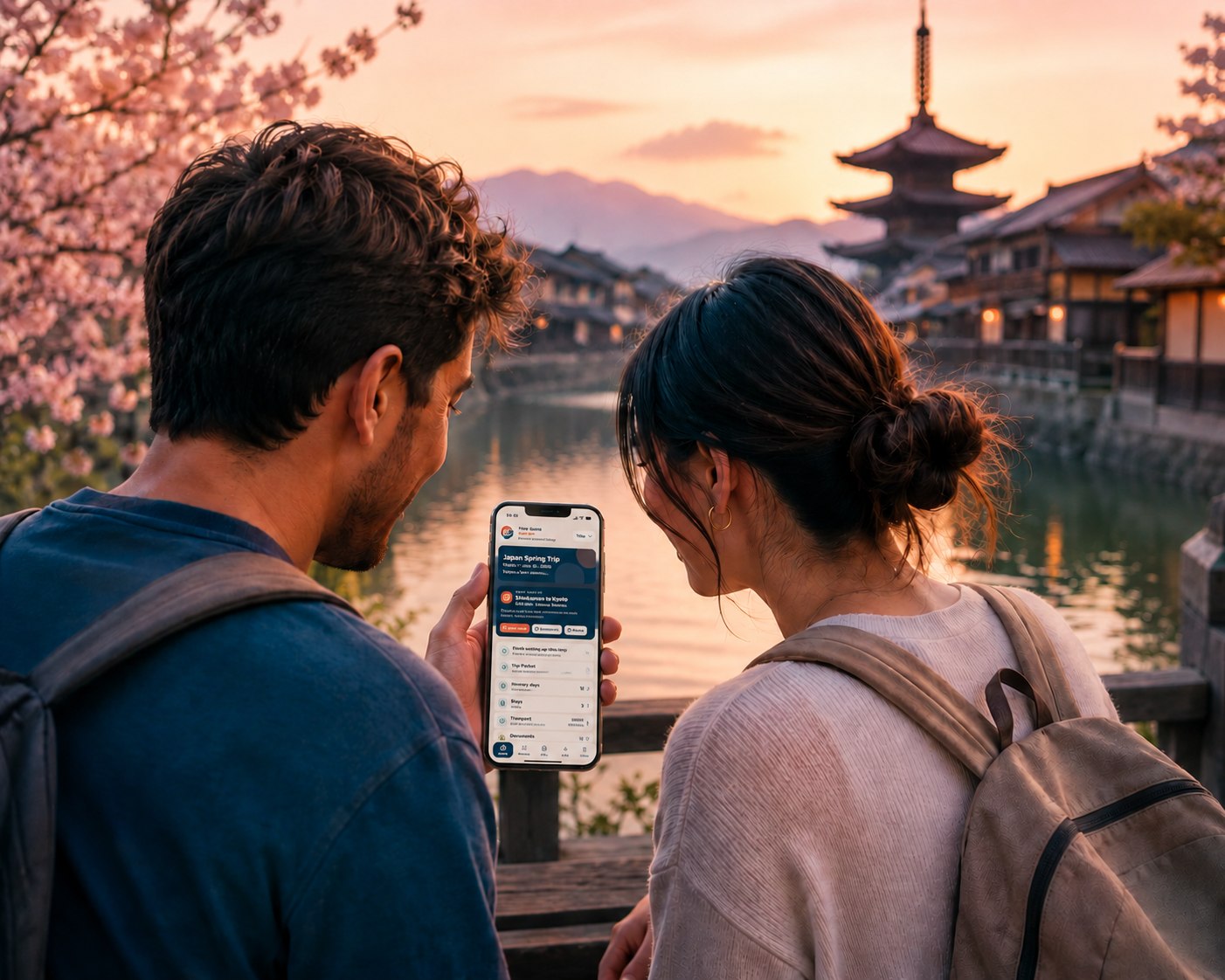 Travelers reviewing plans together while using Trip Guide Creator on a phone.