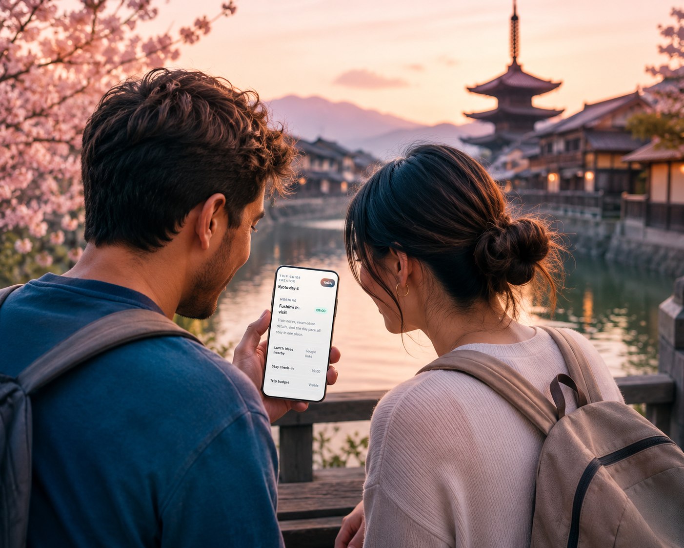 A couple reviewing their Trip Guide Creator itinerary on a phone while traveling.