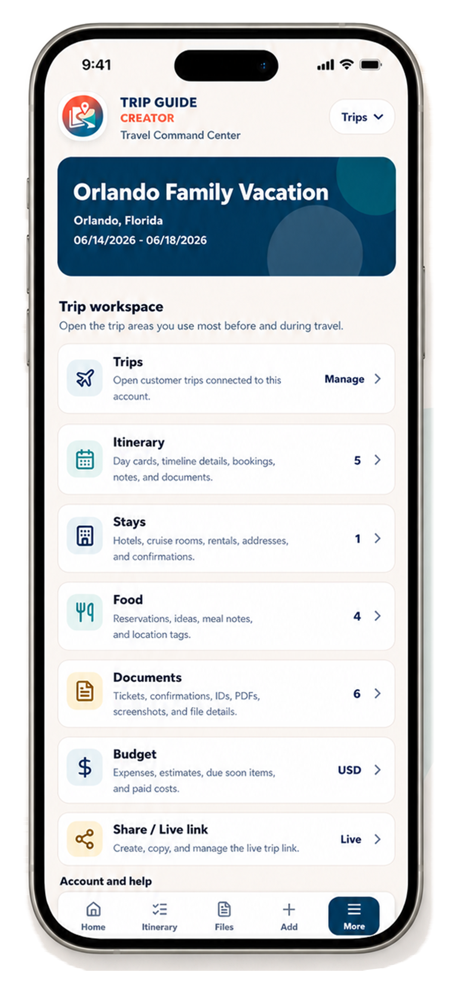 Trip Guide Creator phone screen showing itinerary, stays, food, documents, budget, and sharing in one trip workspace