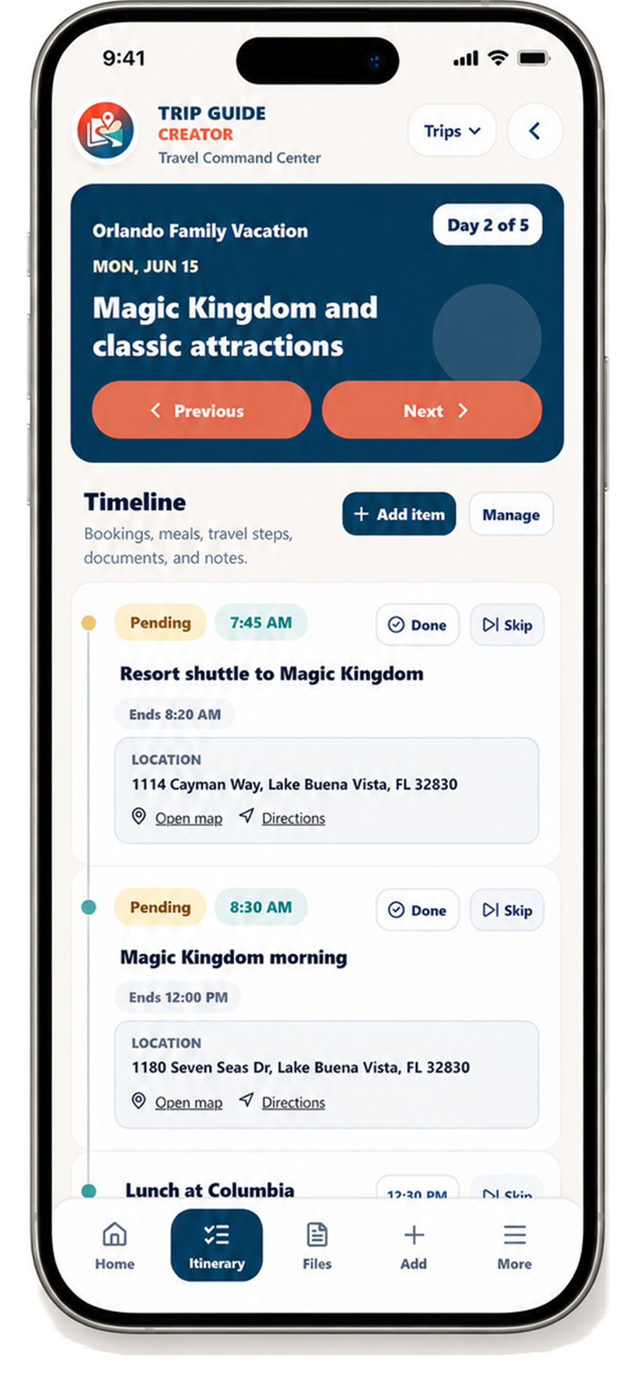Trip Guide Creator phone screen showing a morning-to-evening day timeline with times, locations, and trip details