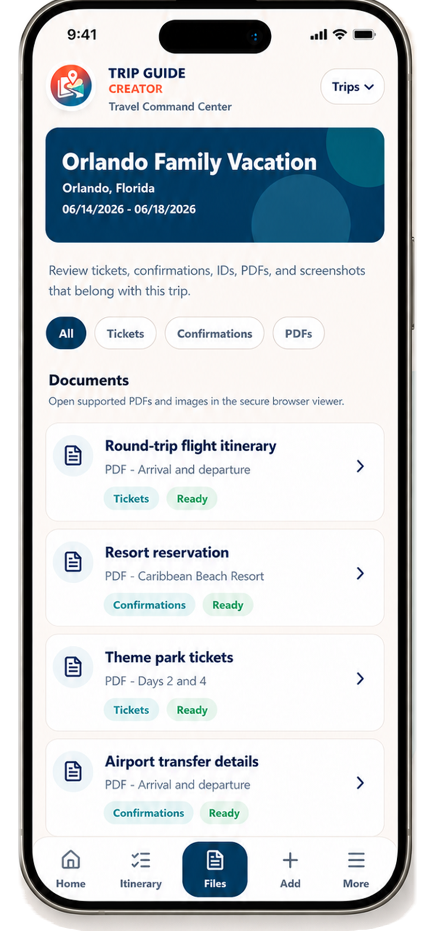 Trip Guide Creator phone screen showing tickets, confirmations, PDFs, and travel files organized with a trip