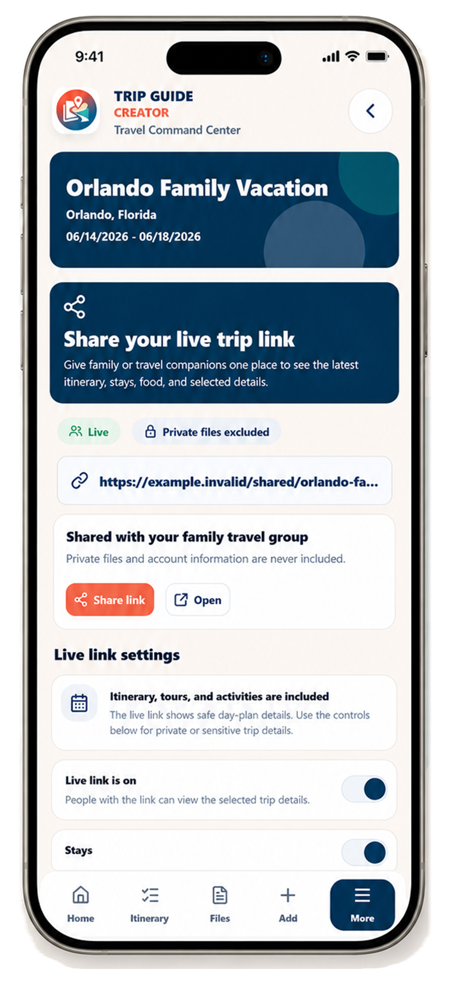 Trip Guide Creator phone screen showing a live trip link with private files excluded