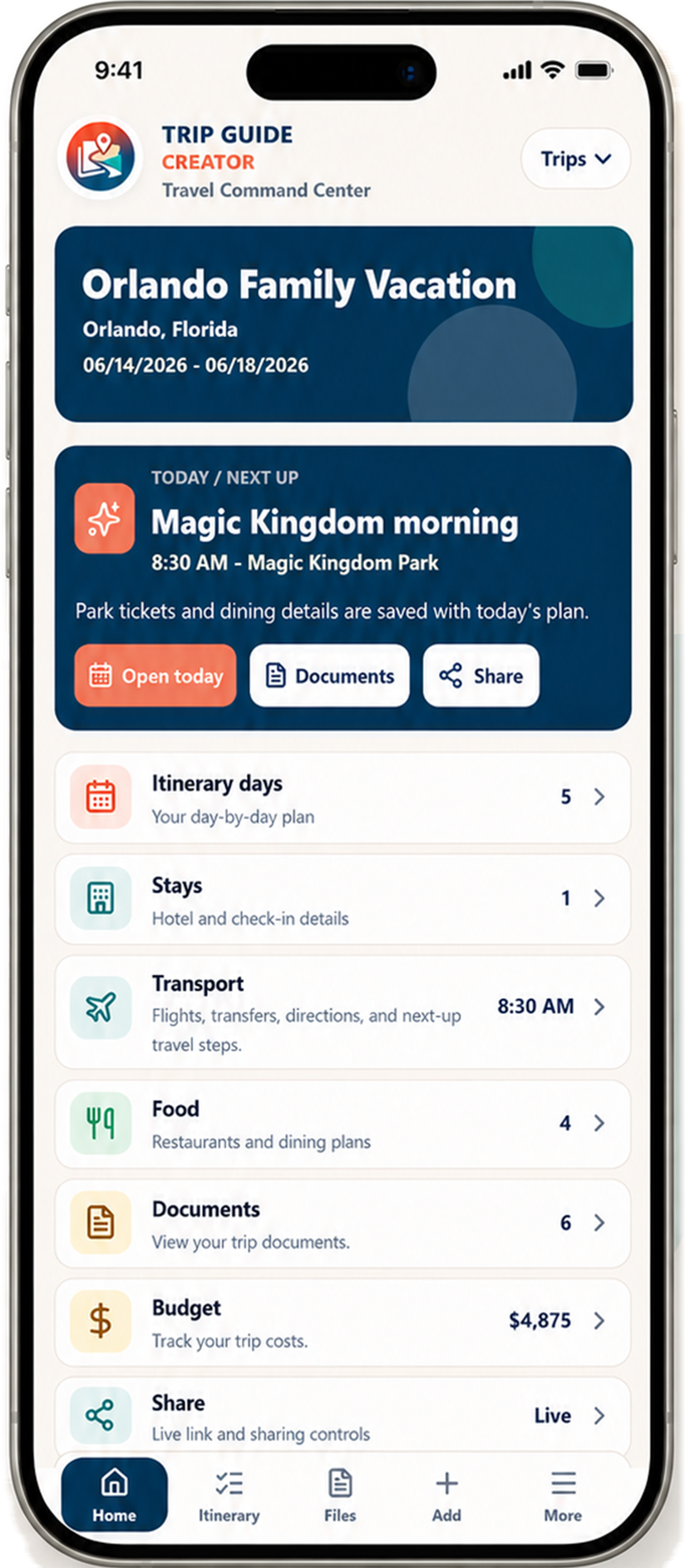 Trip Guide Creator mobile app showing an organized Orlando trip with today's plan, stays, transport, food, documents, budget, and sharing