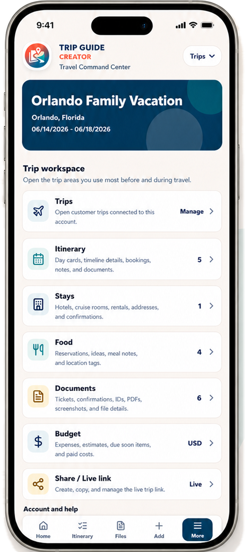 Trip Guide Creator mobile trip workspace with practical travel details organized by purpose