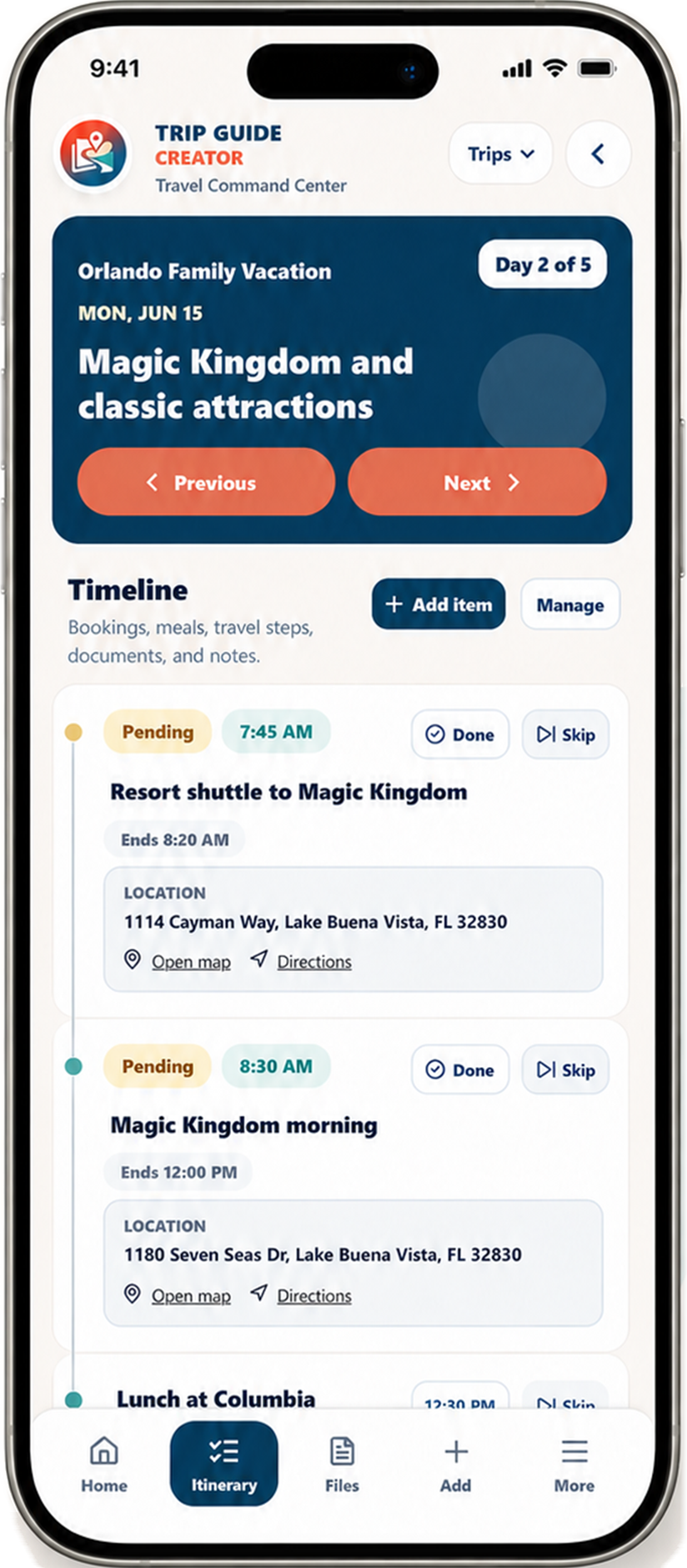 Trip Guide Creator mobile day plan showing a clear timeline from morning through evening