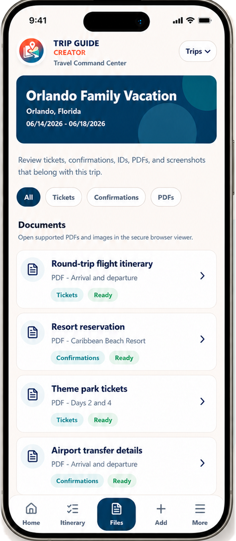 Trip Guide Creator mobile document view with tickets and confirmations connected to a trip