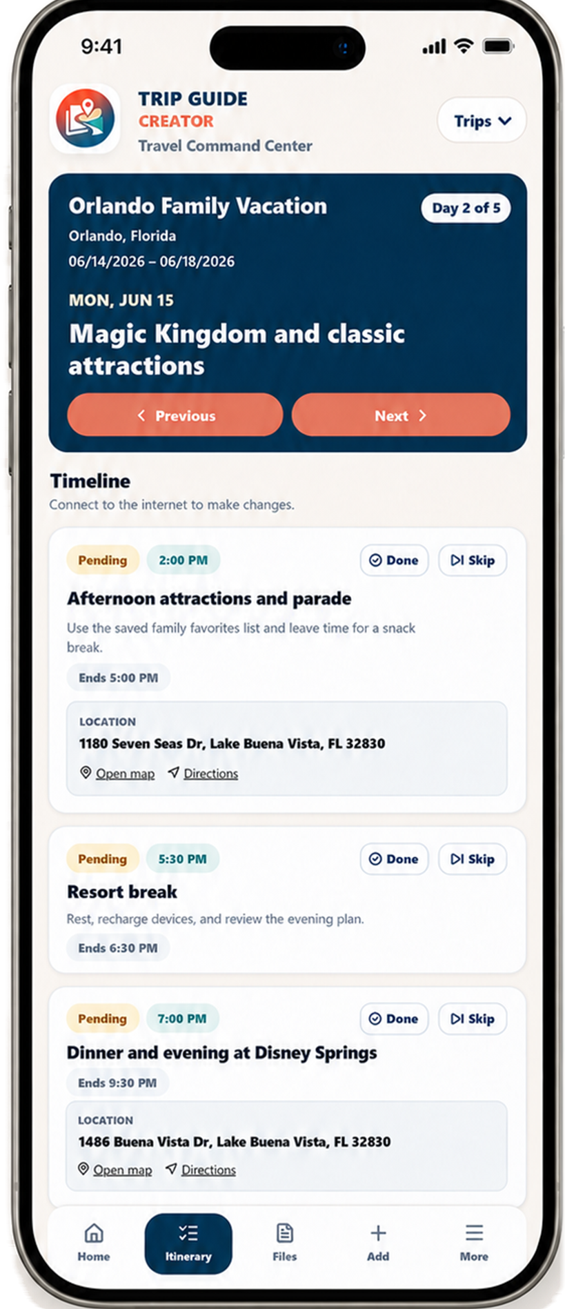 Trip Guide Creator mobile guide showing a full travel day with activities and practical details