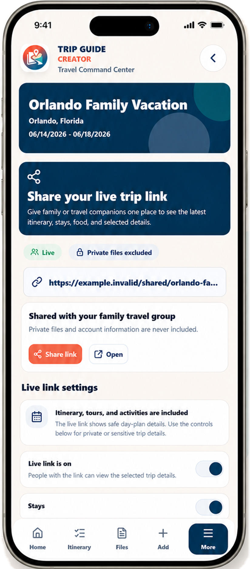 Trip Guide Creator mobile sharing view for giving companions one current trip guide