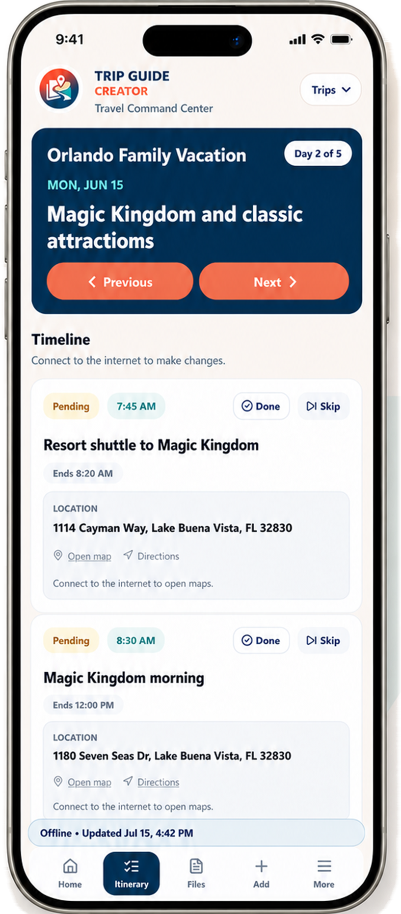 Trip Guide Creator mobile offline snapshot showing key trip details available for reference