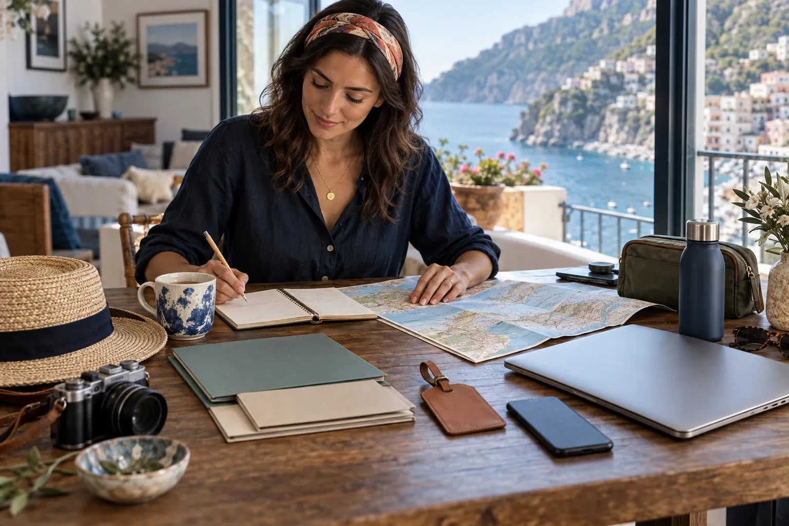 A traveler organizing an already-booked vacation with a map, notebook, blank folders, and travel essentials