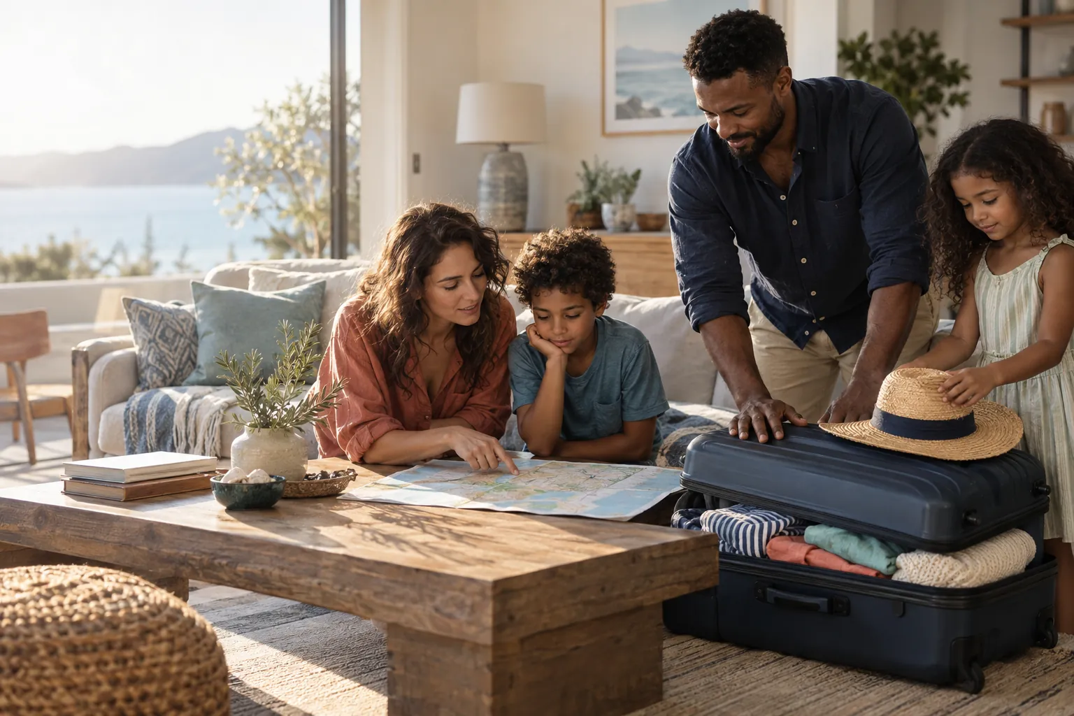 A family calmly preparing luggage and a paper travel plan together at home
